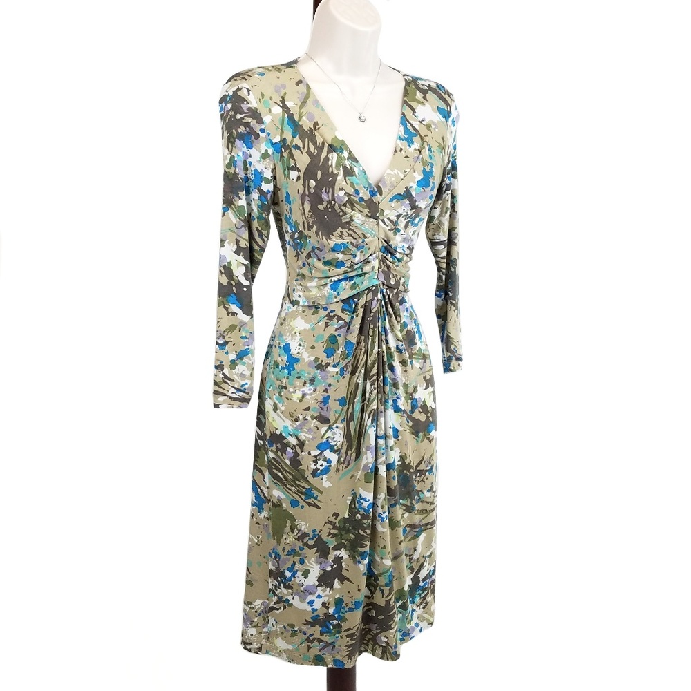 CAbi Gallery dress ruched bust knit tan blue M